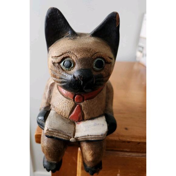 Vintage Folk Art Cat w/ Book & Red Tie Handmade Wooden Whimsical Shelf Sitter 7" - Picture 3 of 11